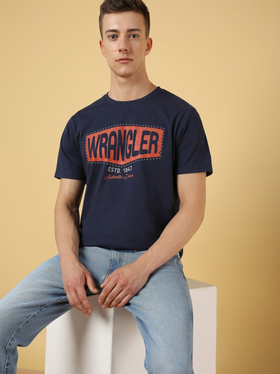 Wrangler Typography Printed Cotton T-shirt, Navy blue