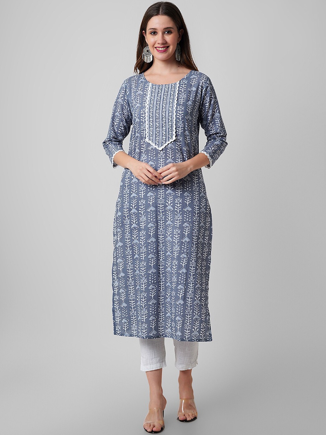 

Haute and Humble Floral Printed Pure Cotton Kurta, Grey