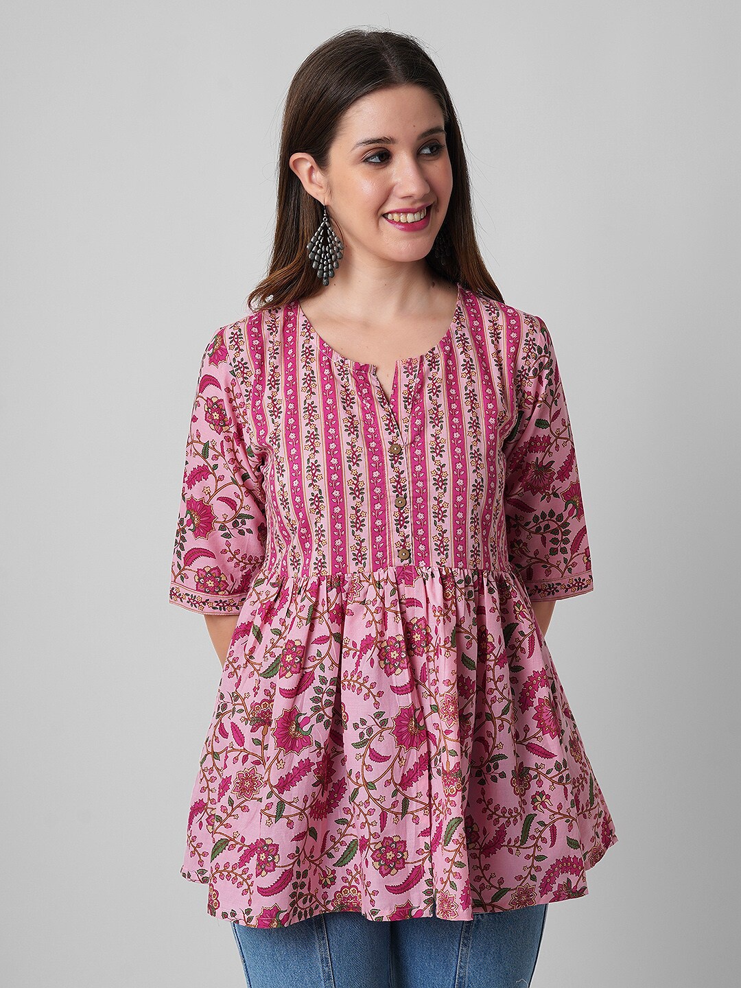 

Haute and Humble Floral Printed Pleated A-Line Pure Cotton Top, Pink