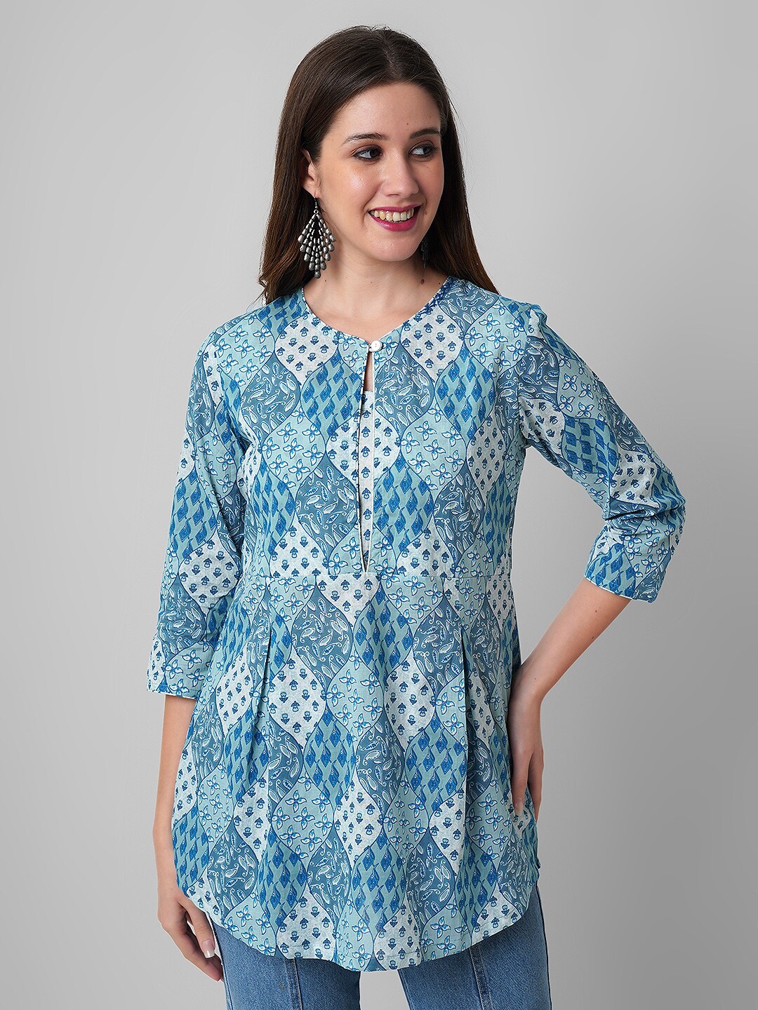 

Haute and HumbleEthnic Motifs Printed Cotton Longline A-Line Pure Cotton Top, Blue