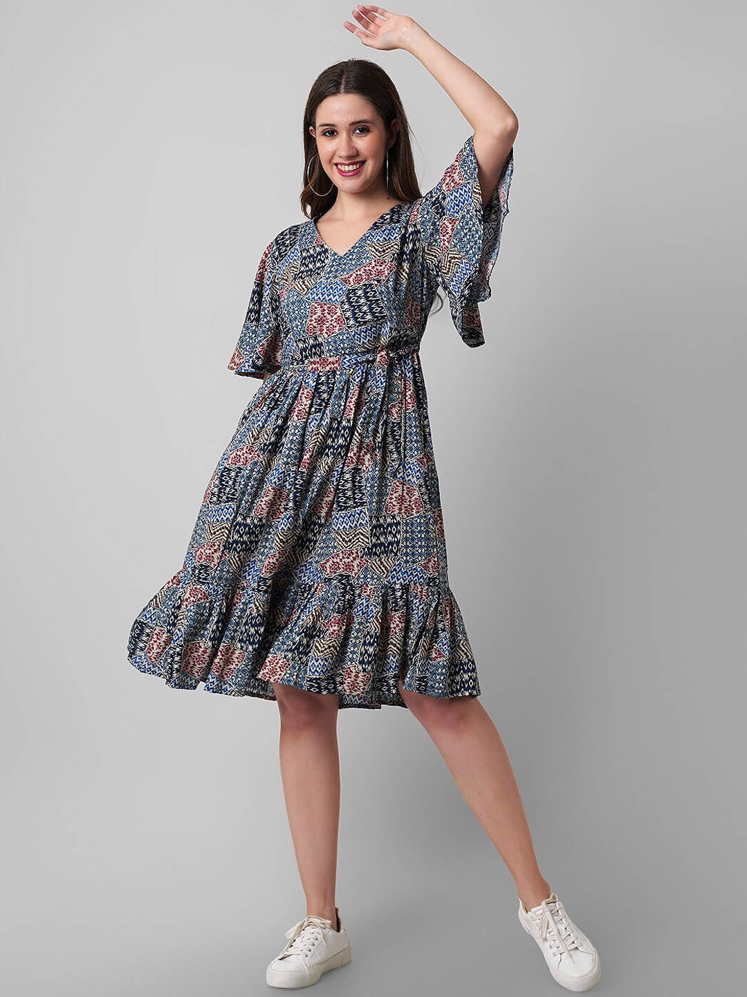 

Haute and Humble Cotton Ethnic Printed Fit & Flare Dress, Blue