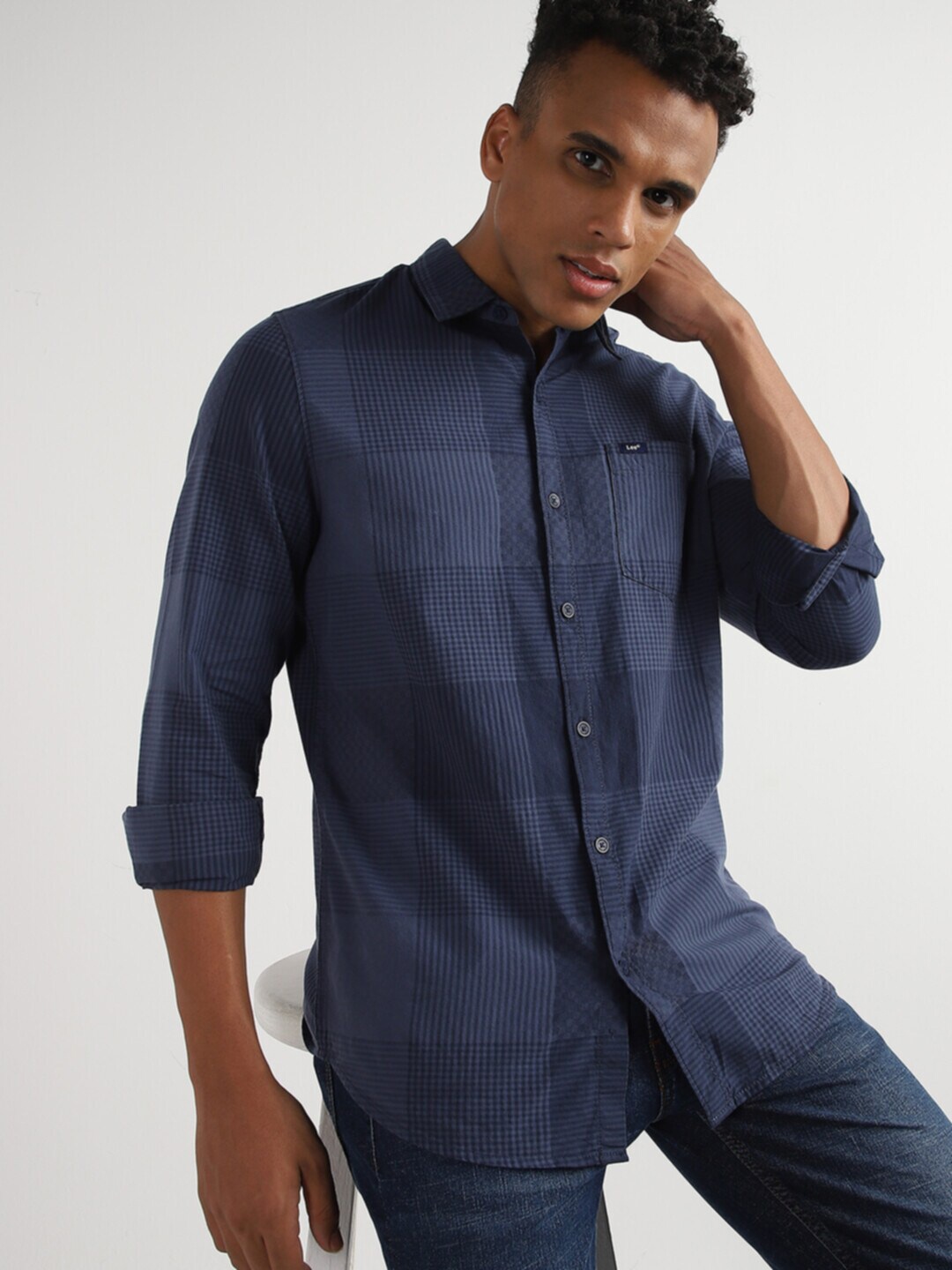 

Lee Slim Fit Grid Tattersall Striped Cotton Casual Shirt, Blue