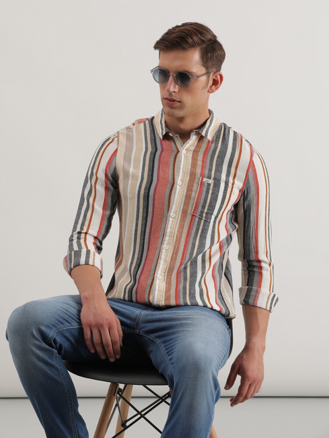 

Lee Slim Fit Vertical Striped Cotton Casual Shirt, Beige