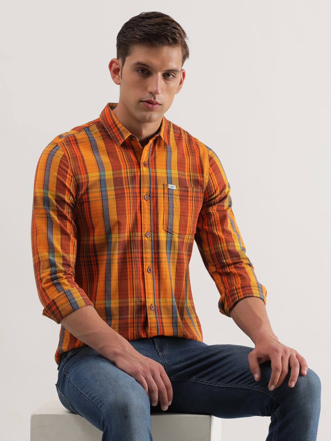 

Lee Slim Fit Tartan Checked Pure Cotton Casual Shirt, Orange