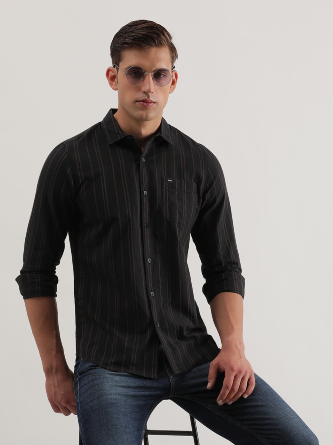 

Lee Slim Fit Vertical Striped Cotton Casual Shirt, Black