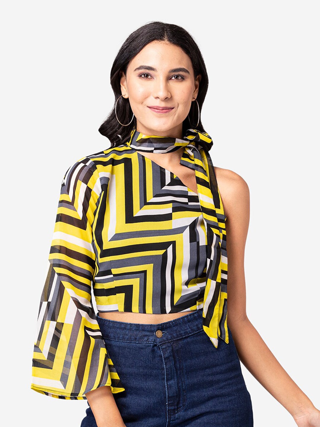 

BAESD Geometric Printed Flared Sleeve Tie-Up Neck Georgette Crop Top, Yellow