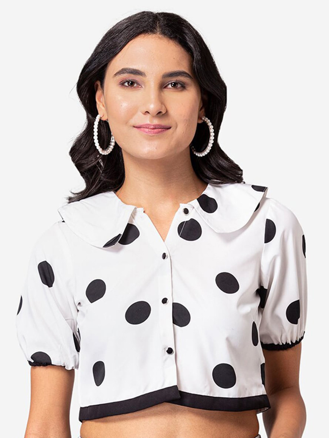 

BAESD Polka Dot Printed Above the Keyboard Collar Crop Top, White