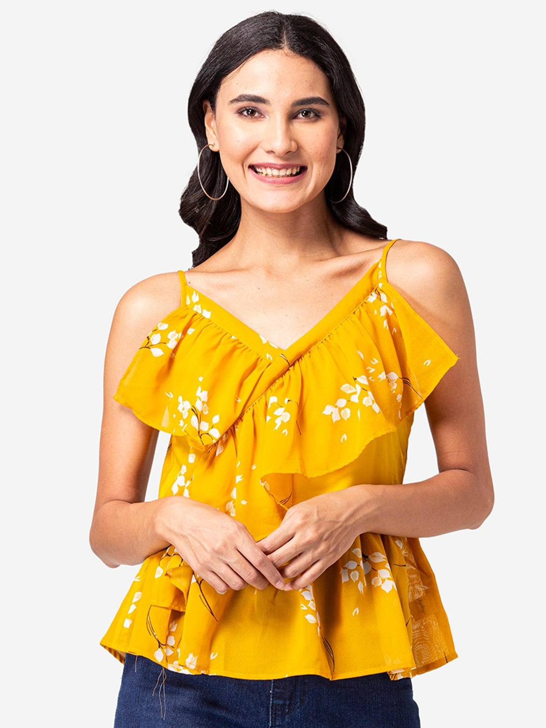 

BAESD Floral Printed Shoulder Straps Peplum Top, Yellow