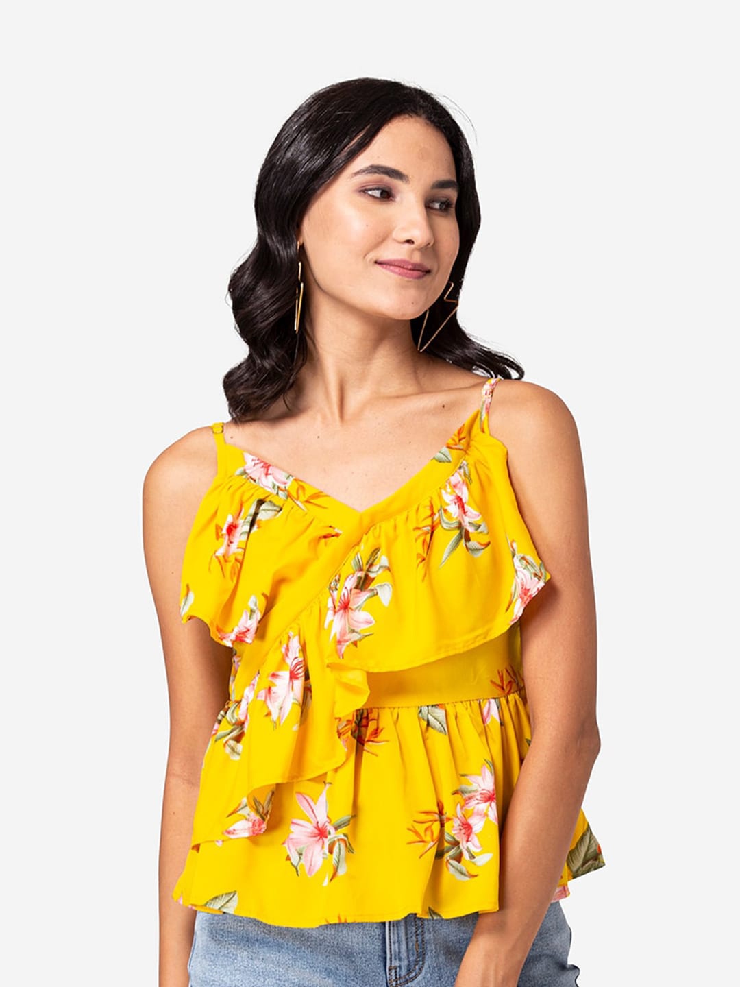 

BAESD Floral Printed Shoulder Straps Peplum Top, Yellow