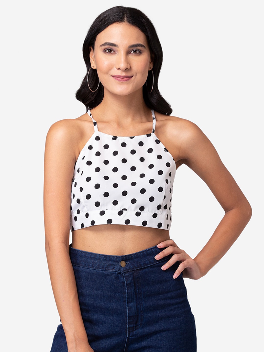 

BAESD Polka Dot Printed Styled Back Crop Top, White