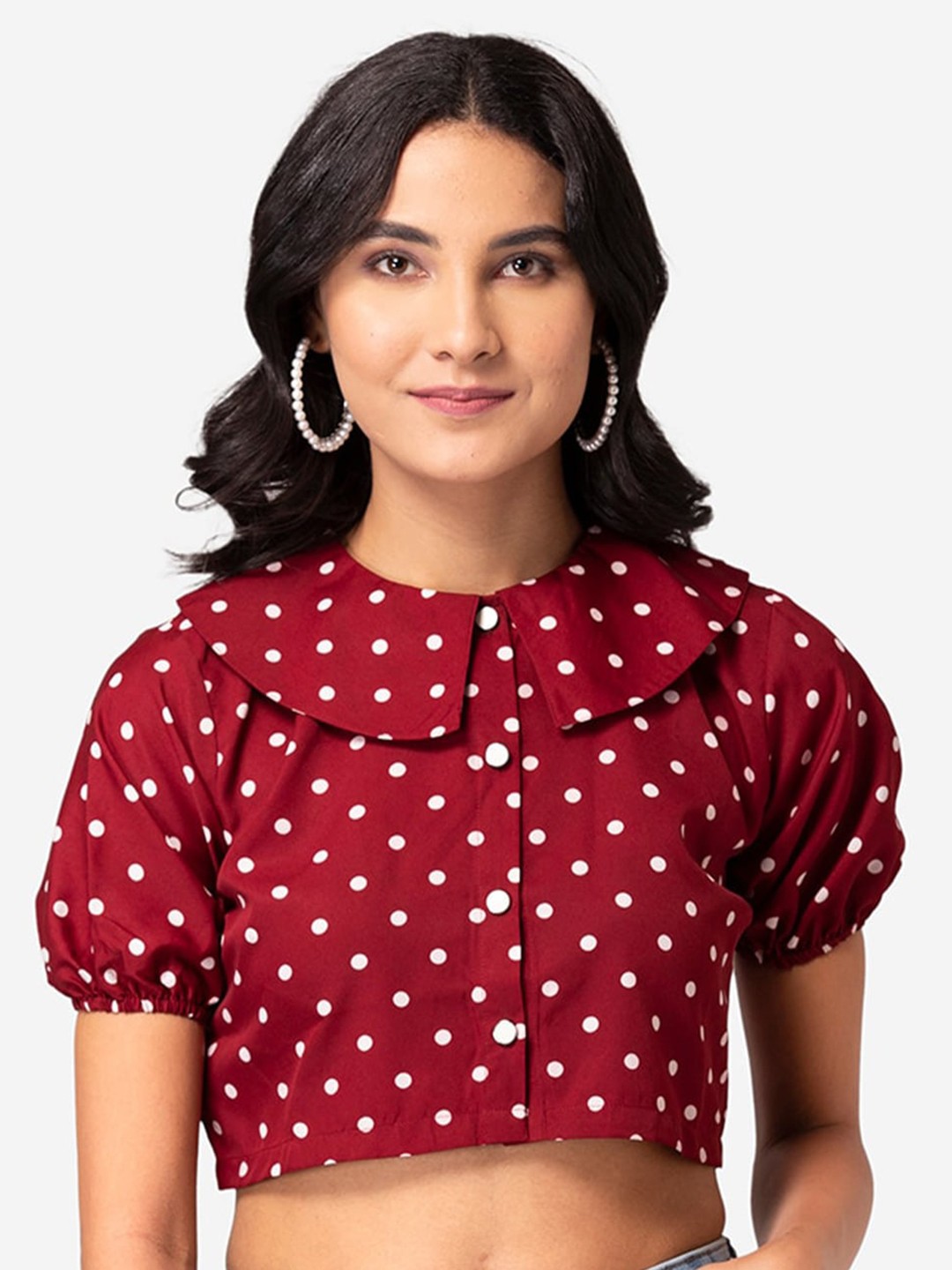 

BAESD Maroon Polka Dot Printed Peter Pan Collar Puff Sleeves Crop Top