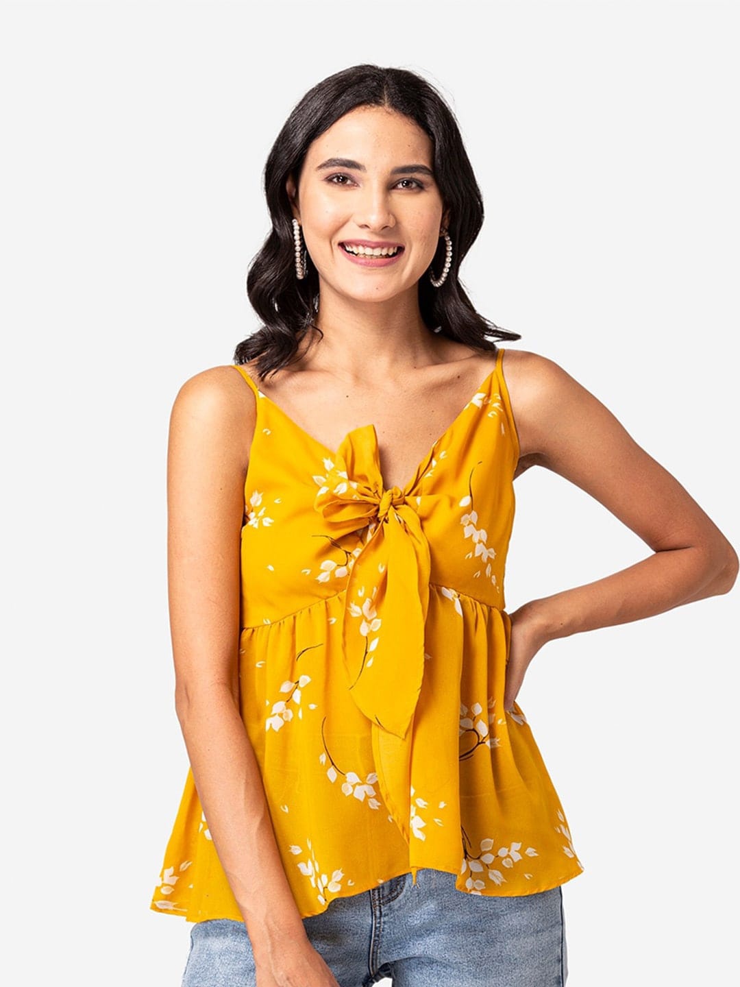 

BAESD Floral Printed Shoulder Straps Tie Ups Detail Georgette Empire Top, Yellow