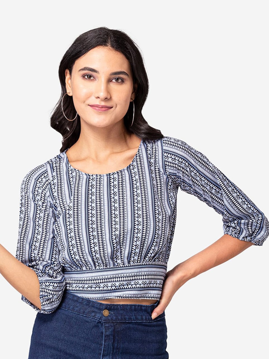 

BAESD Tribal Printed Waist Tie Ups Styled Back Crop Top, Black