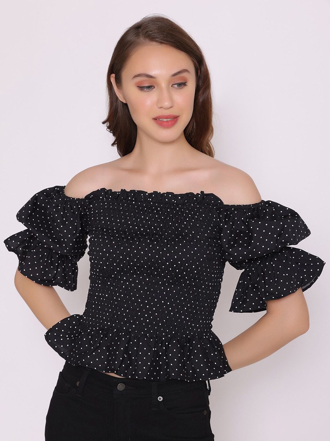 

BAESD Polka Dot Printed Peplum Top, Black