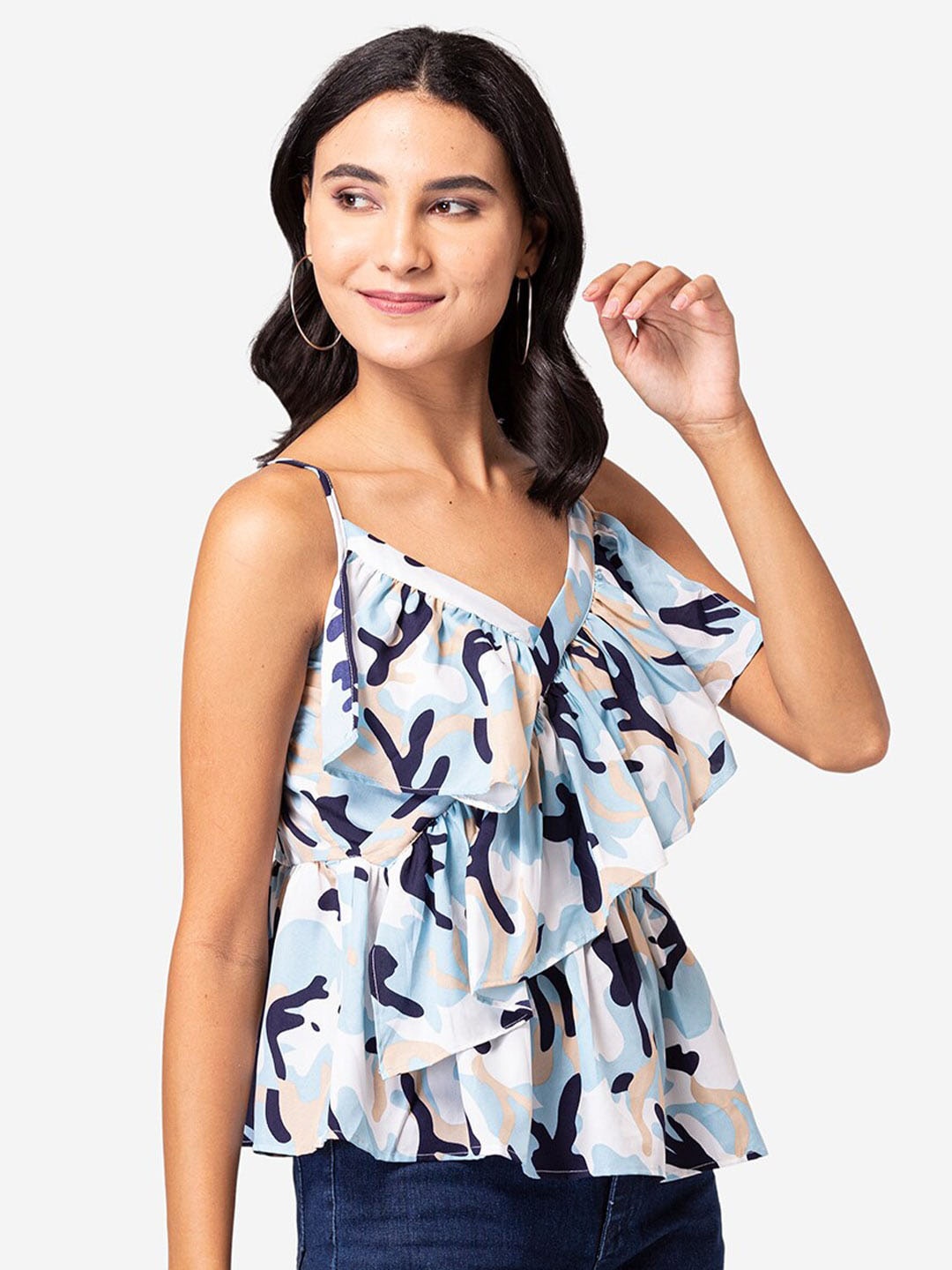 

BAESD Abstract Printed Shoulder Straps Wrap Top, White