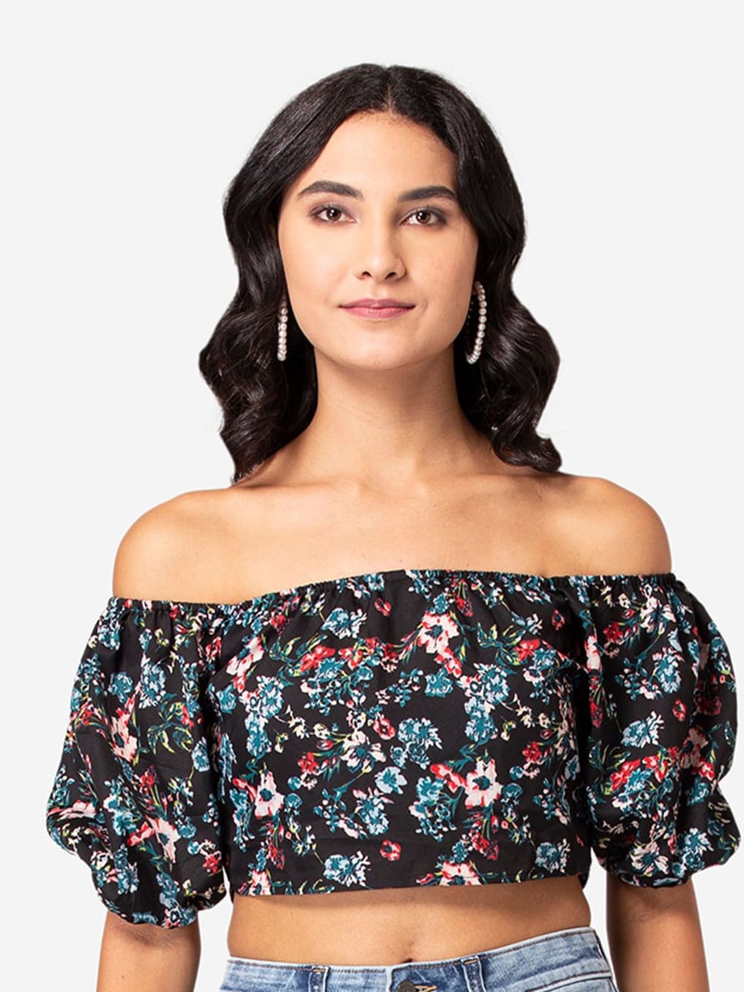 

BAESD Floral Printed Off-Shoulder Puff Sleeve Crepe Bardot Crop Top, Black