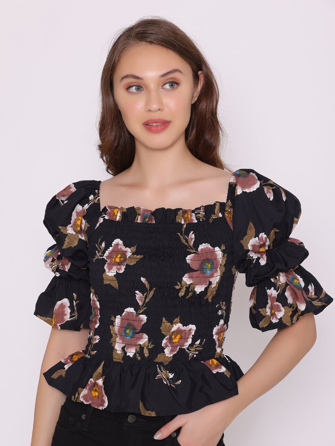 

BAESD Floral Printed Bell Sleeve Top, Black