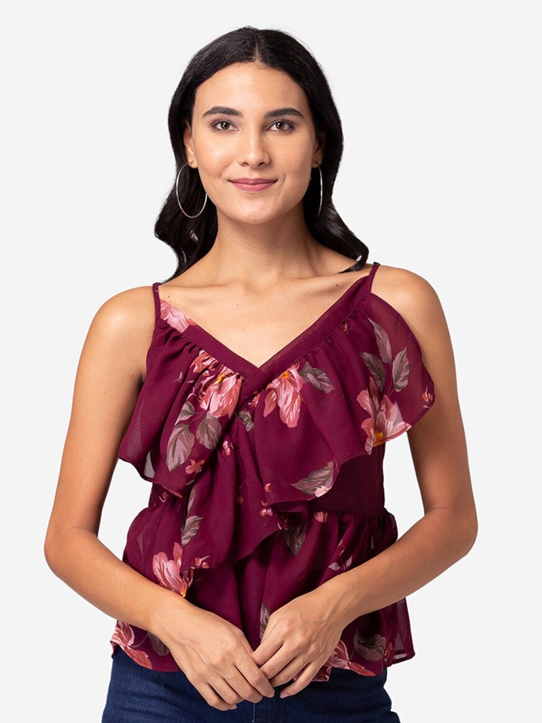 

BAESD Floral Printed Ruffles Georgette Regular Top, Maroon