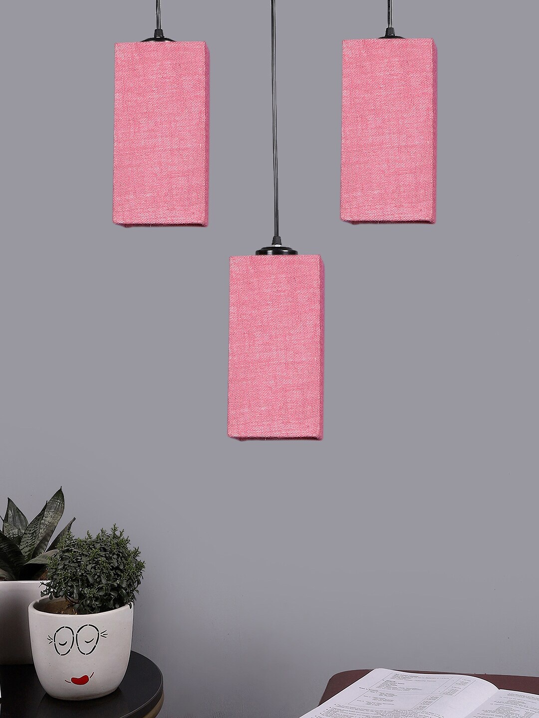 

Devansh Pink & Black 3 Pcs Textured Cluster Square Shaped Hanging Lamps With Jute Shades