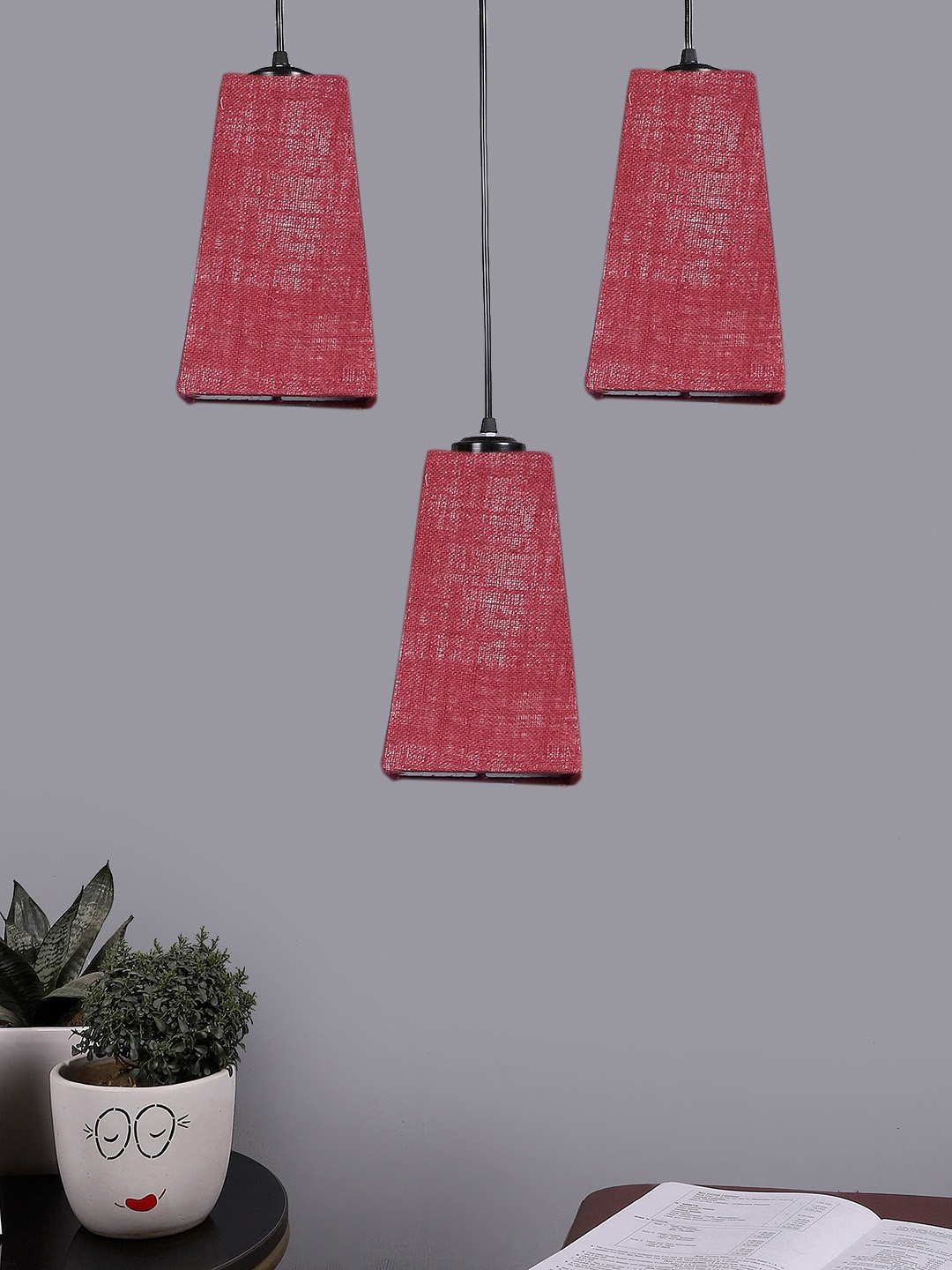 

Devansh Maroon & Black Textured Cluster Pyramid Shaped Hanging Lamps With Jute Shades