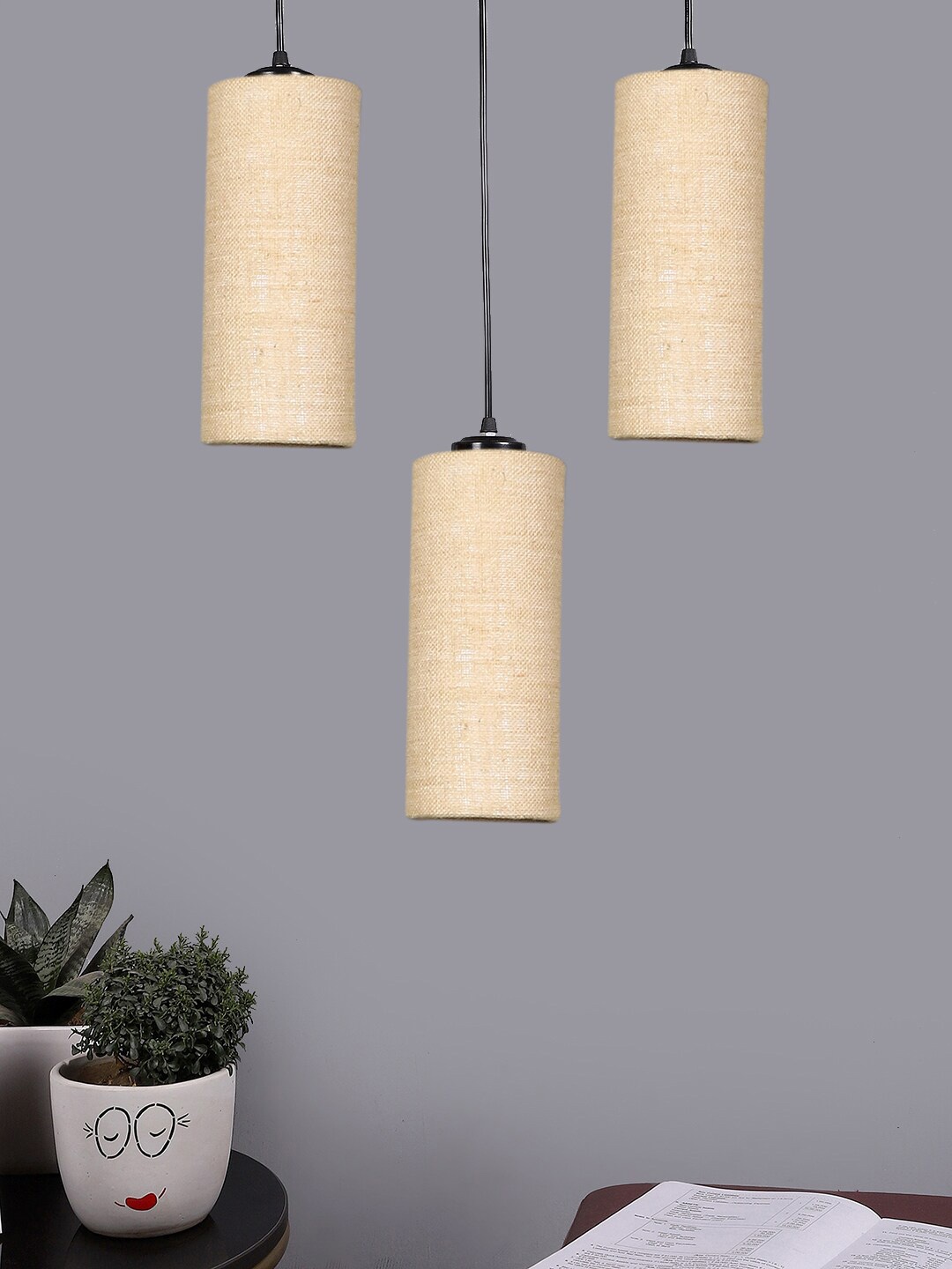 

Devansh Beige & Black Textured Cluster 3 Round Hanging Lamps With Jute Shades