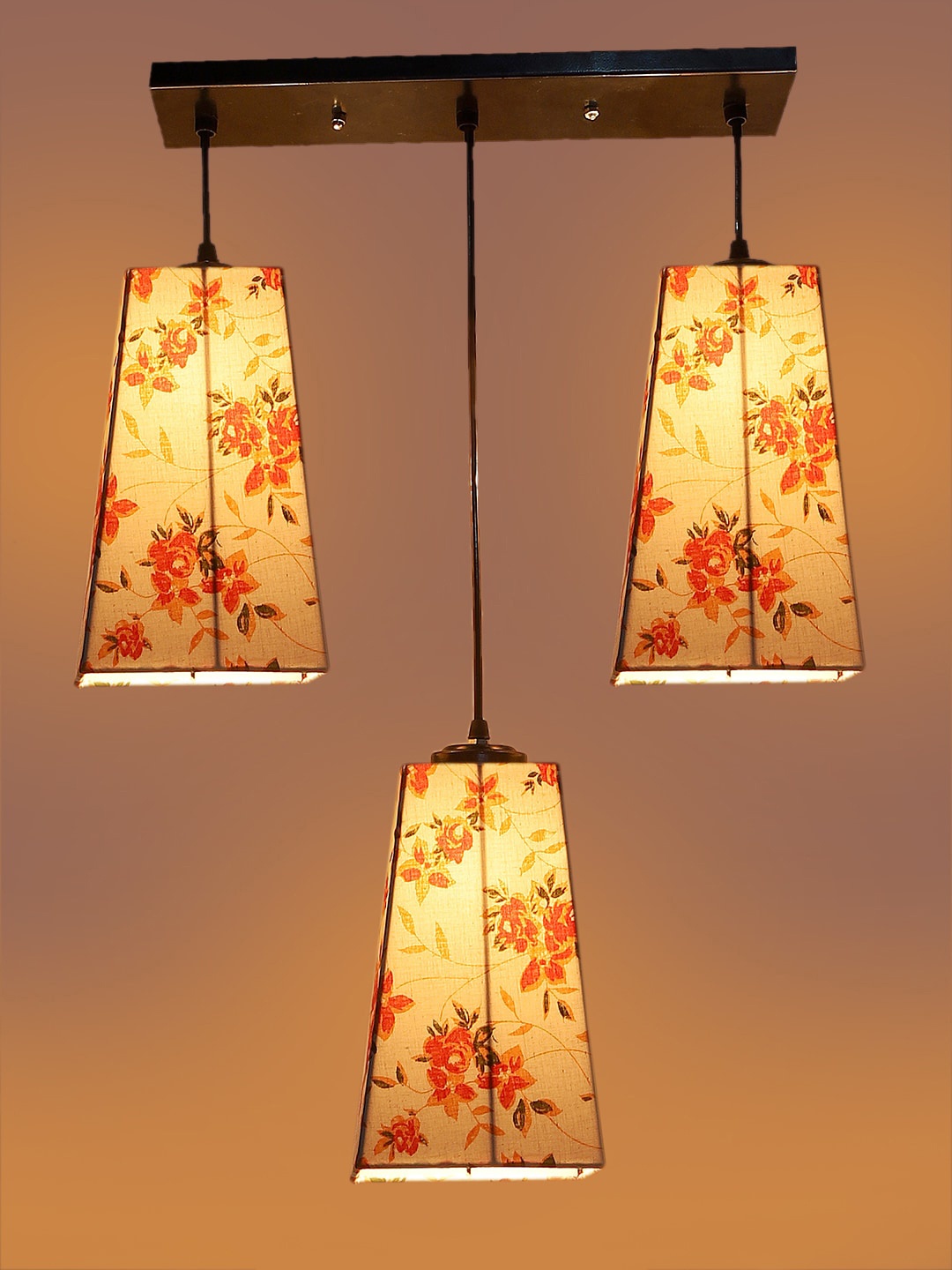 

Devansh White & Orange-Colored Cluster 3 Pyramid Hanging Lamps & Printed Cotton Shades