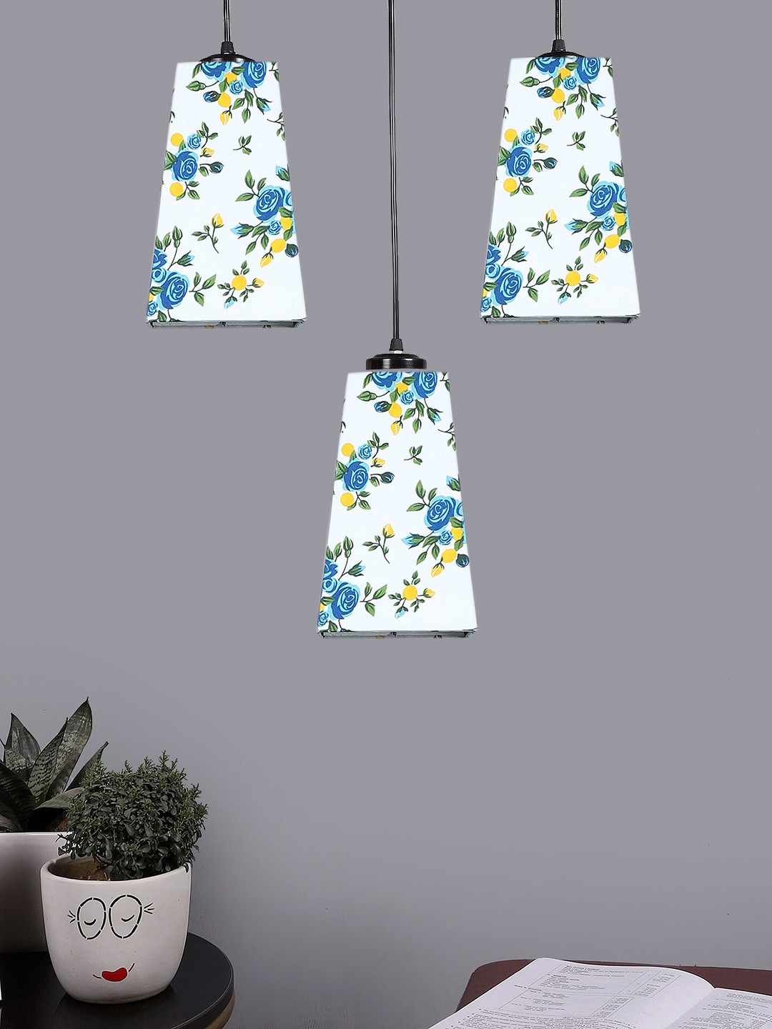 

Devansh White & Blue Cluster 3 Pyramid Hanging Lamps With Floral Printed Cotton Shades