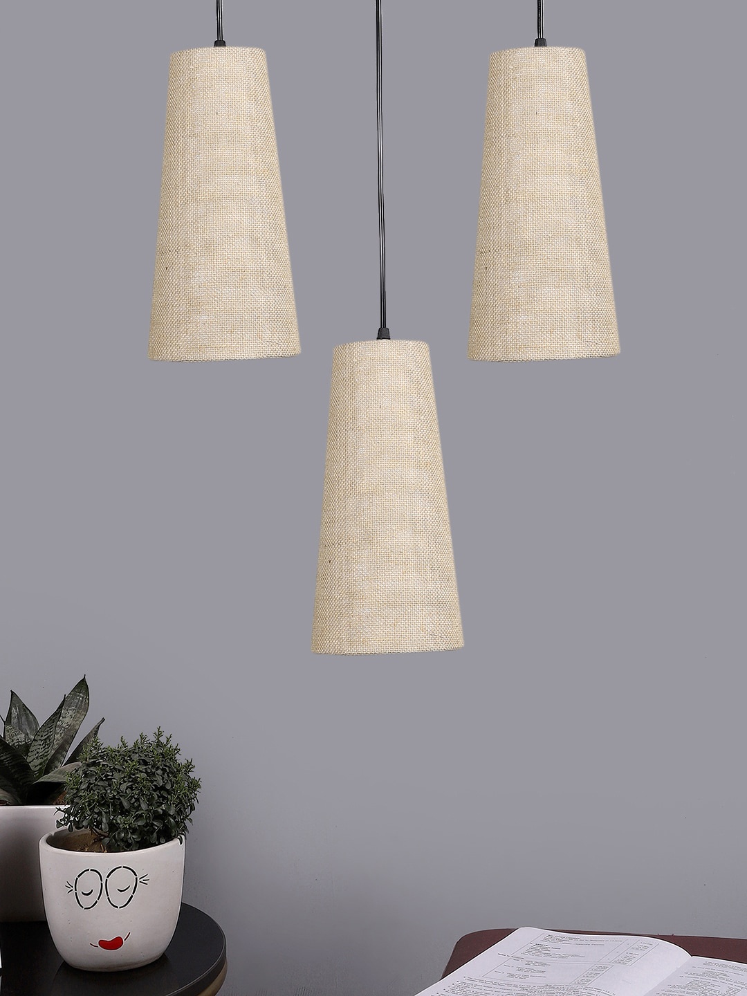 

Devansh Beige & Black Textured Cluster Conical Shaped Hanging Lamps With Jute Shades