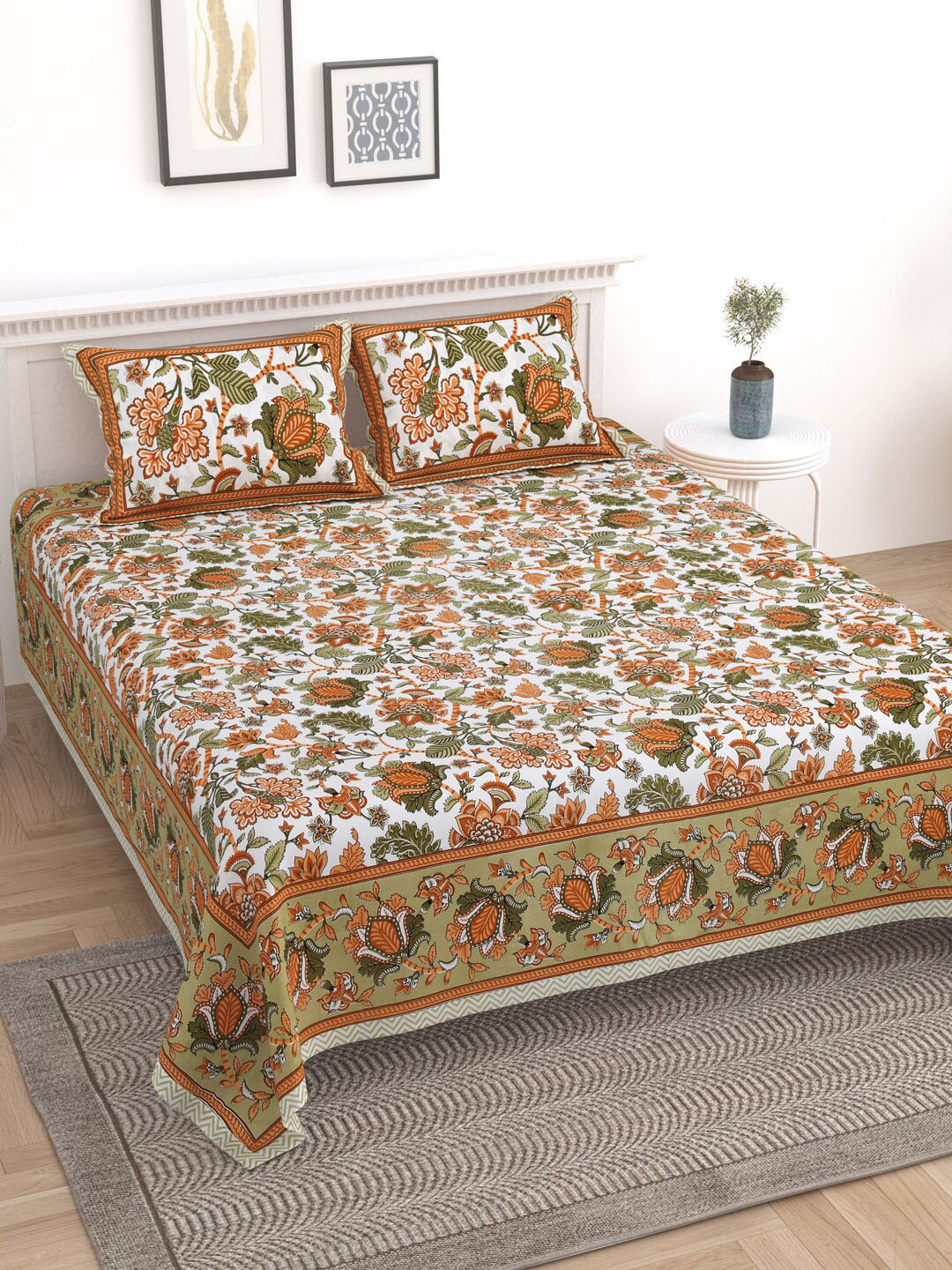 Sangria Brown & Green Floral Printed 210TC Cotton Super King Bedsheet With 2 Pillow Covers