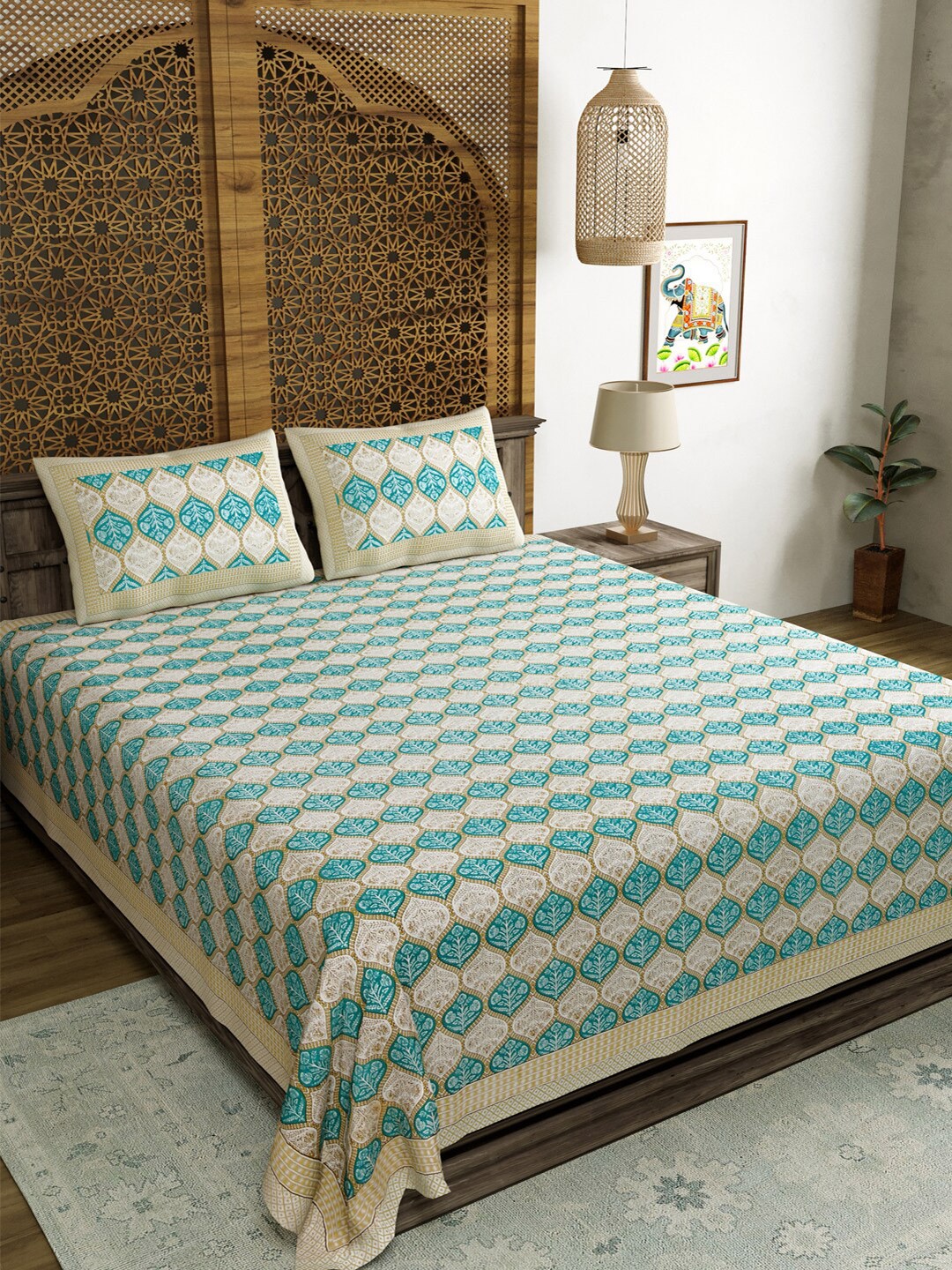 

Sangria Beige & Green Floral Printed 210TC Cotton Super King Bedsheet With 2 Pillow Cover