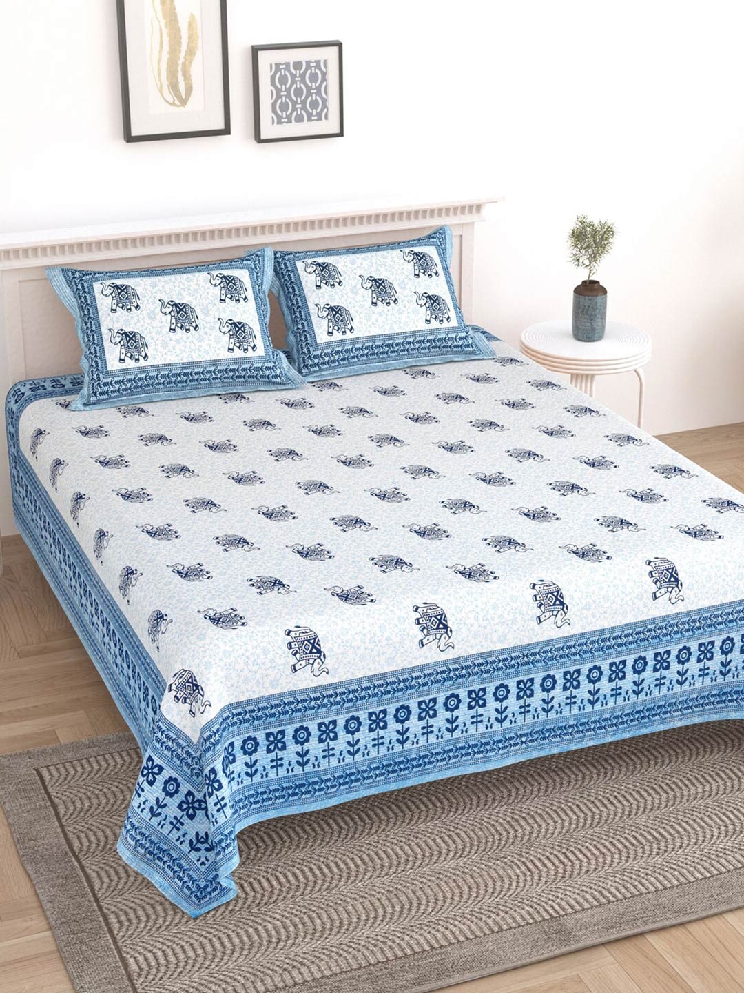 Sangria Blue & White Floral-Printed 210TC Cotton Super King Bedsheet Set