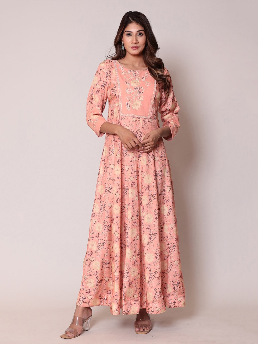 

ZARI Floral Printed Silk Maxi Dress, Peach