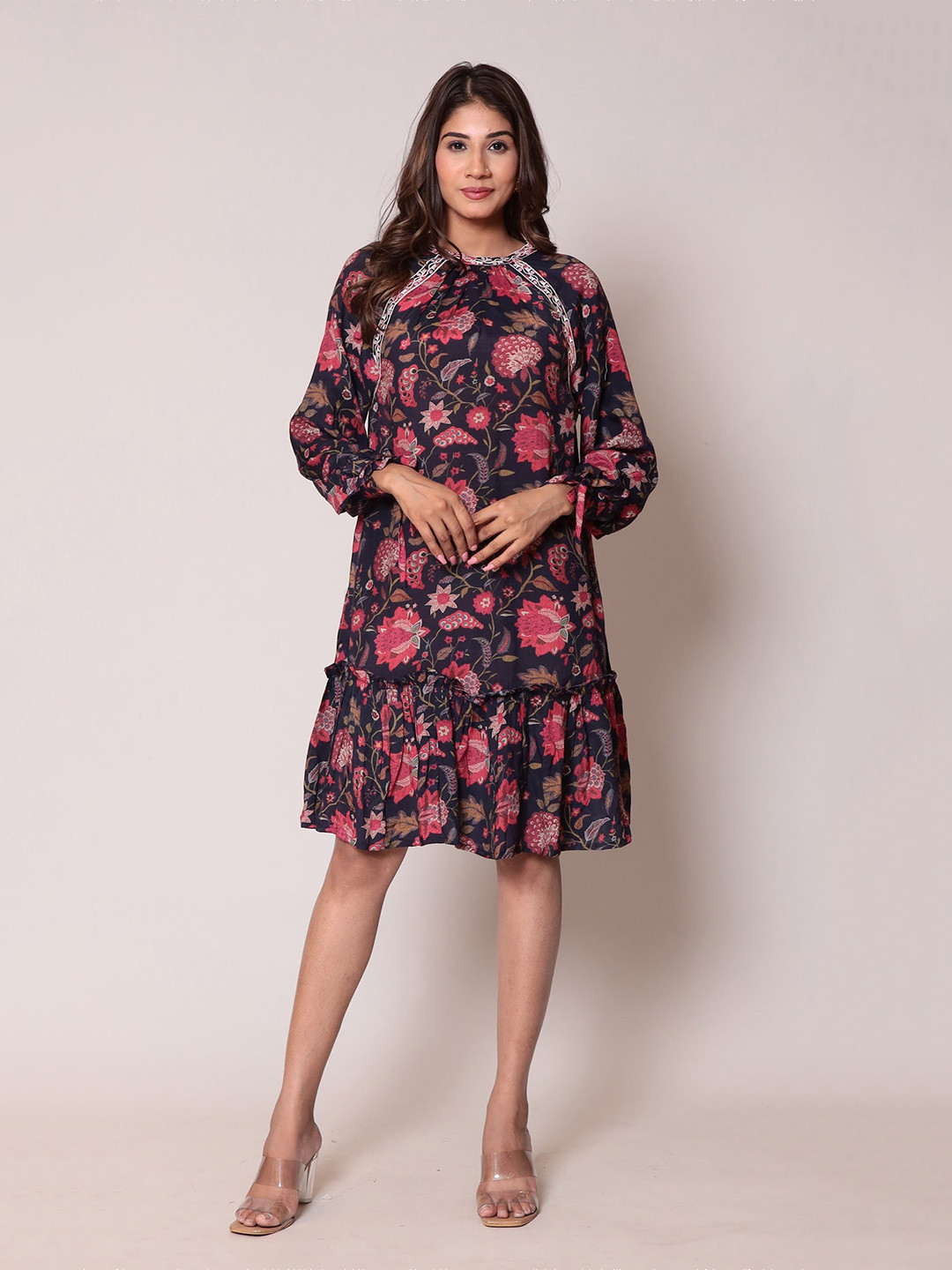 

ZARI Floral Printed Puff Sleeve Silk A-Line Dress, Blue