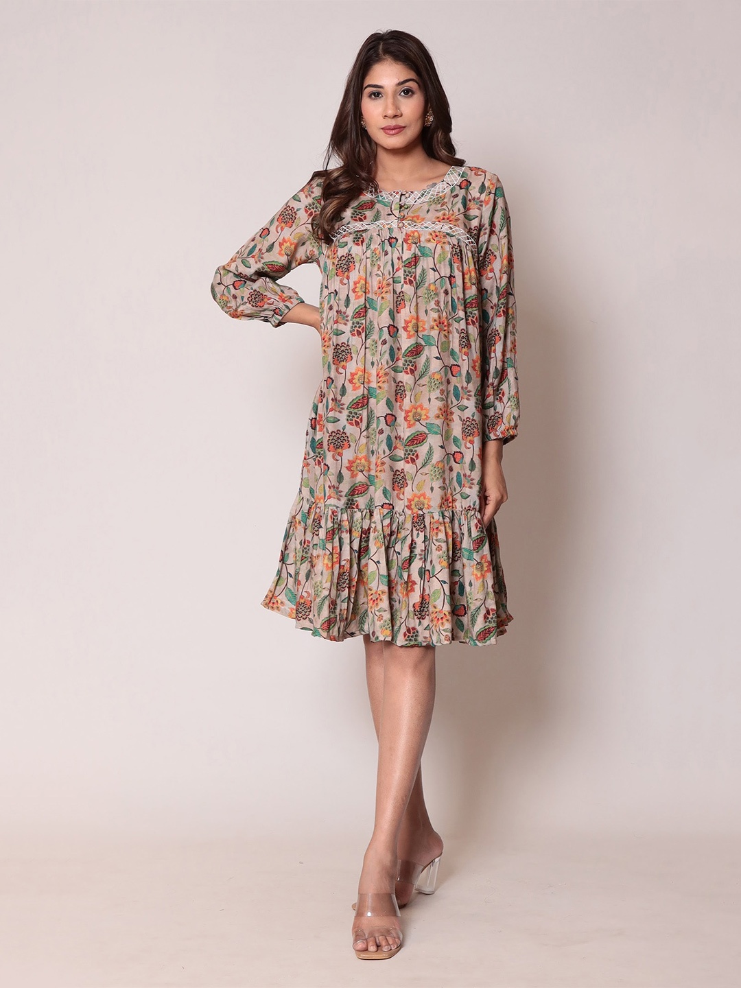 

ZARI Floral Printed Embroidered Silk Empire Ethnic Dress, Beige