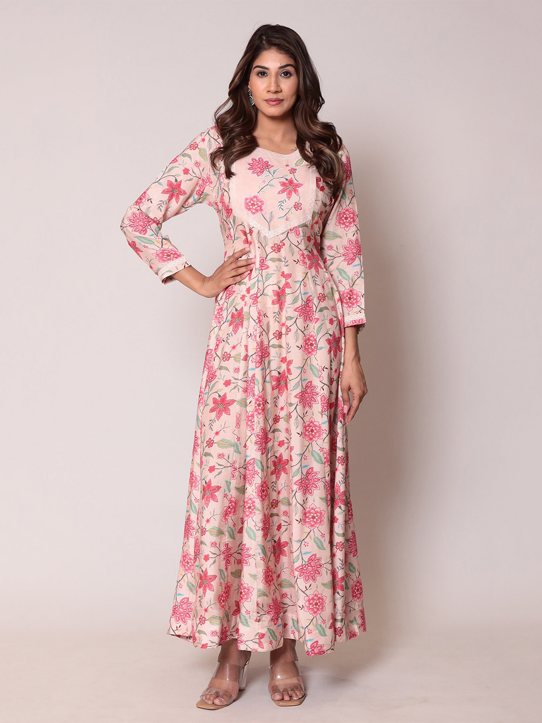 

ZARI Floral Printed & Embroidered Detailed Fit & Flare Maxi Dress, Pink