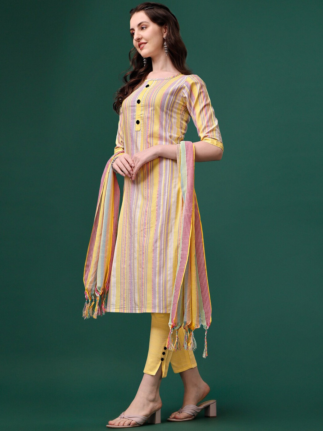 

KALINI Striped Pure Cotton Kurta With Trousers & Dupatta, Brown