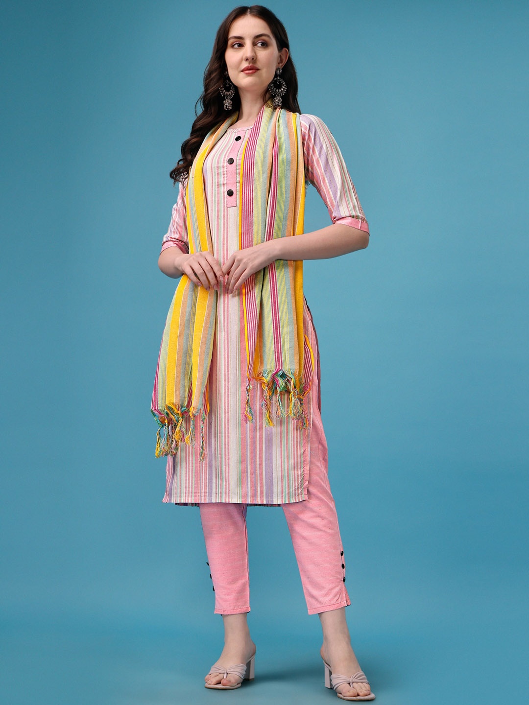 

KALINI Striped Straight Pure Cotton Kurta with Trousers & Dupatta, Pink