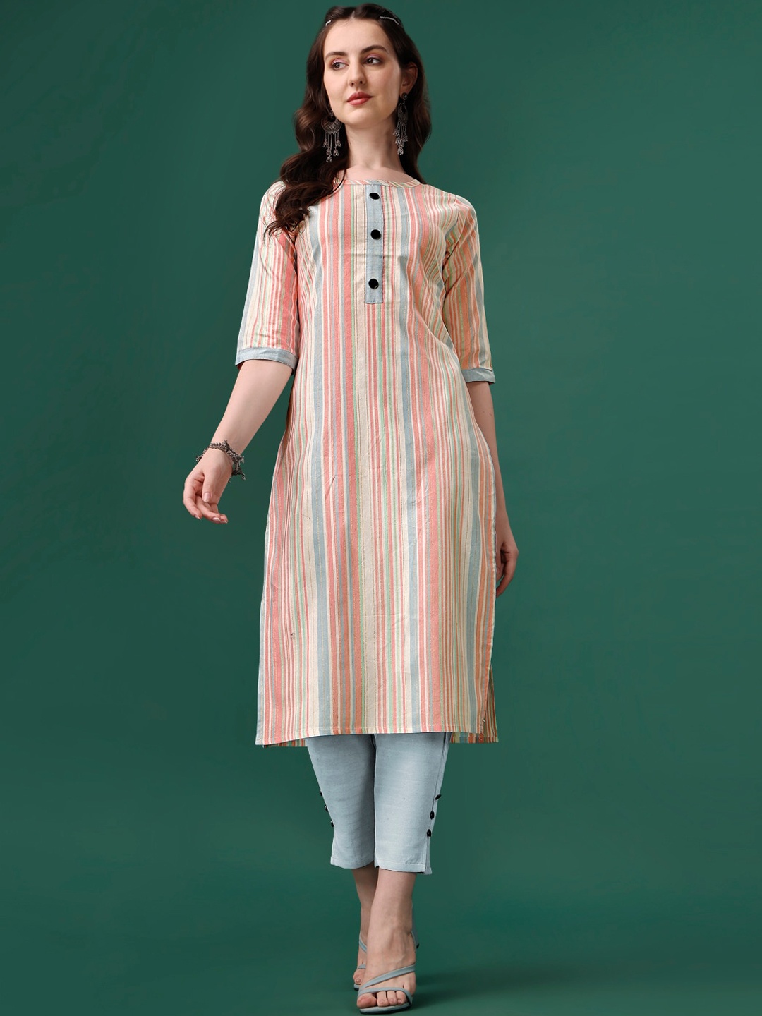 

KALINI Striped Pure Cotton Straight Kurta With Trousers & Dupatta, Pink