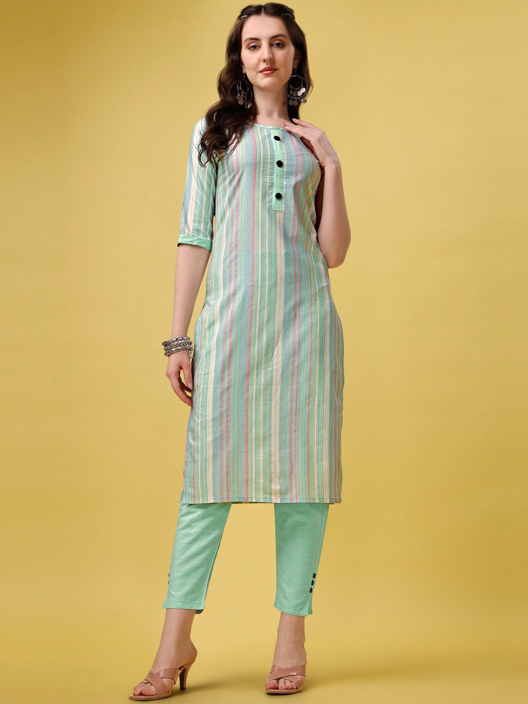 

KALINI Striped Regular Pure Cotton Kurta With Trousers & Dupatta, Green
