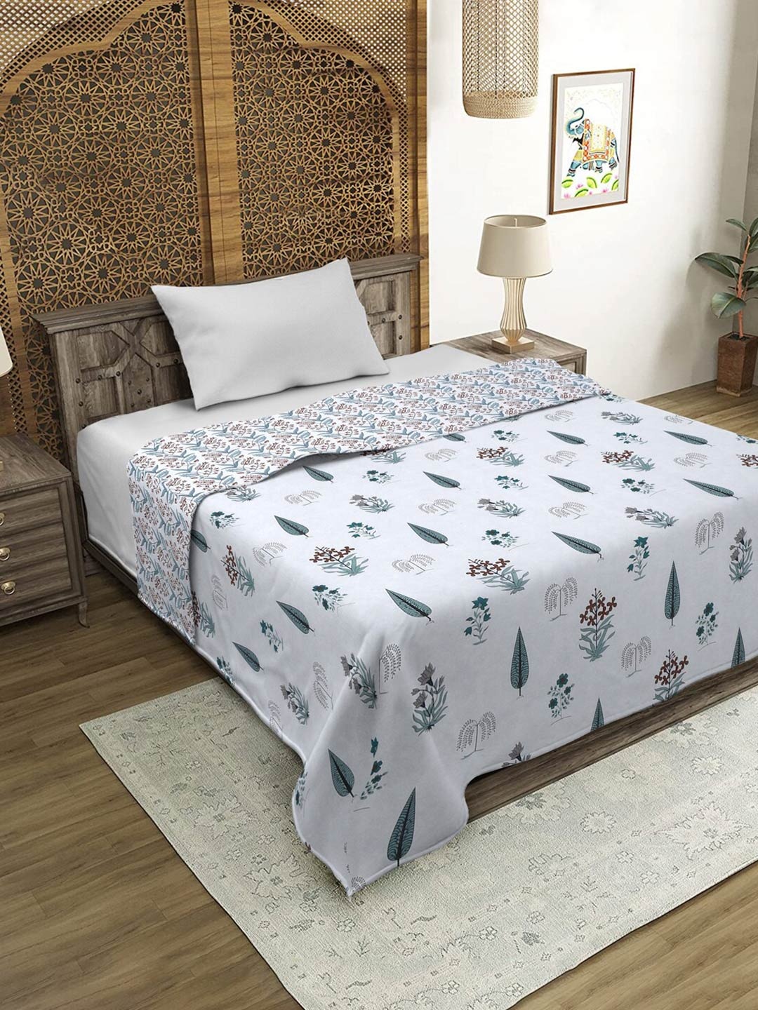 

Rajasthan Decor White & Green Floral Cotton Reversible AC Room 120 GSM Single Bed Dohar