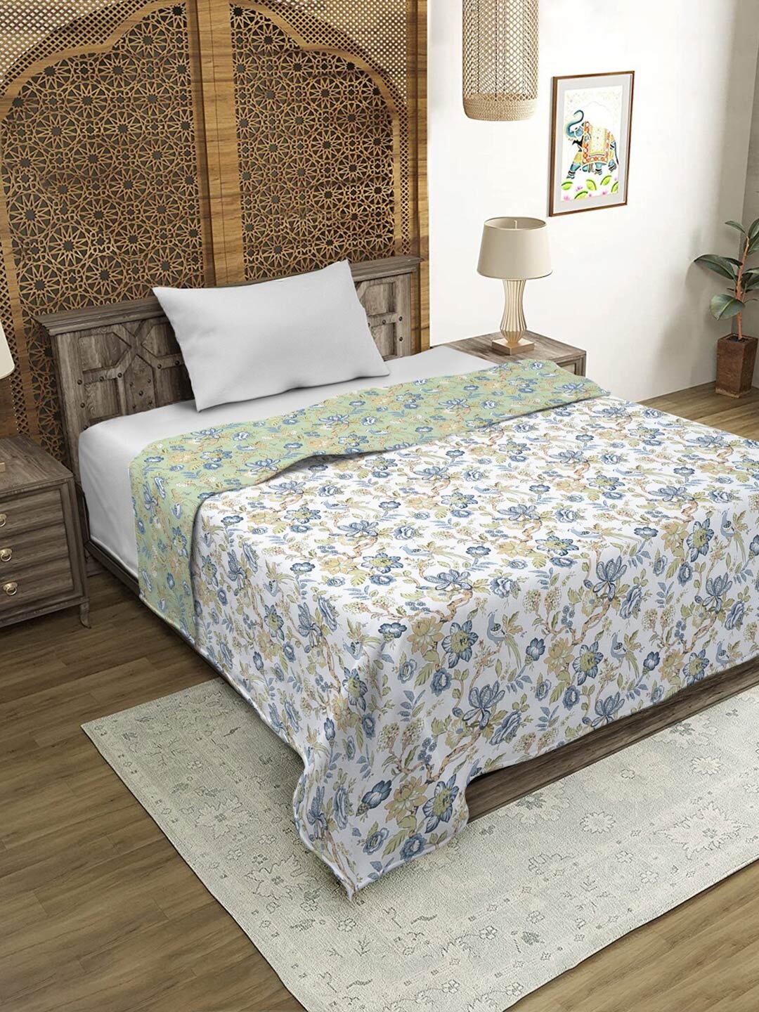 

Rajasthan Decor White & Green Ethnic Motifs AC Room 120 GSM Revesible Single Bed Dohar