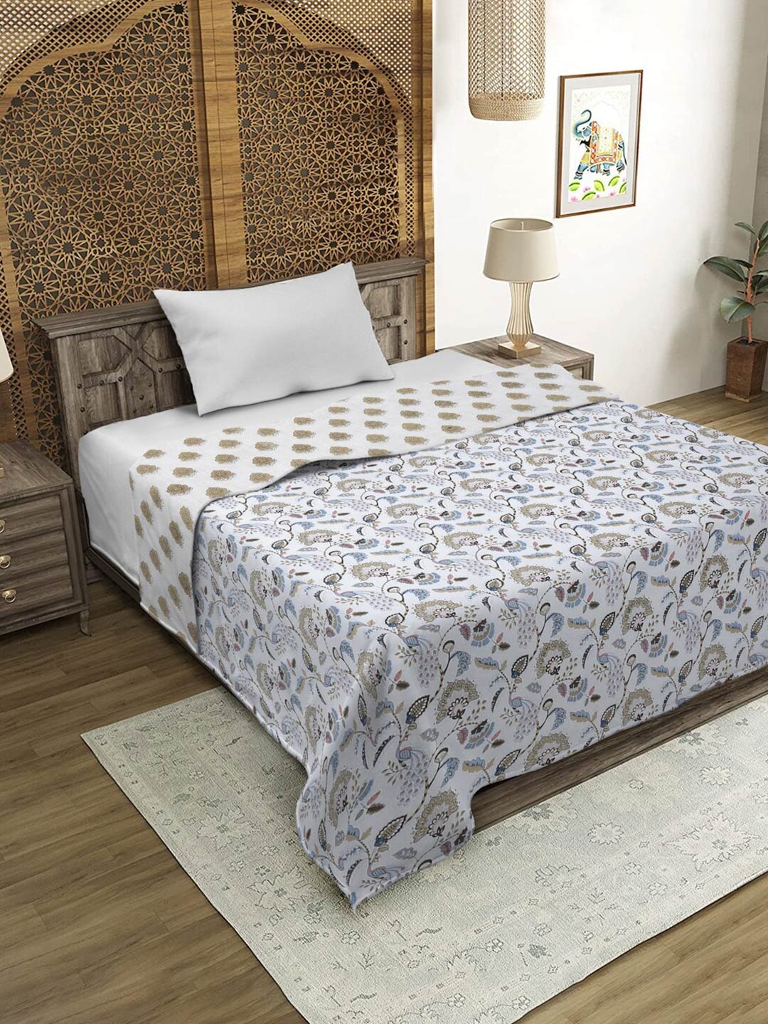 

Rajasthan Decor White & Brown Ethnic Motifs Reversible AC Room 120 GSM Single Bed Dohar