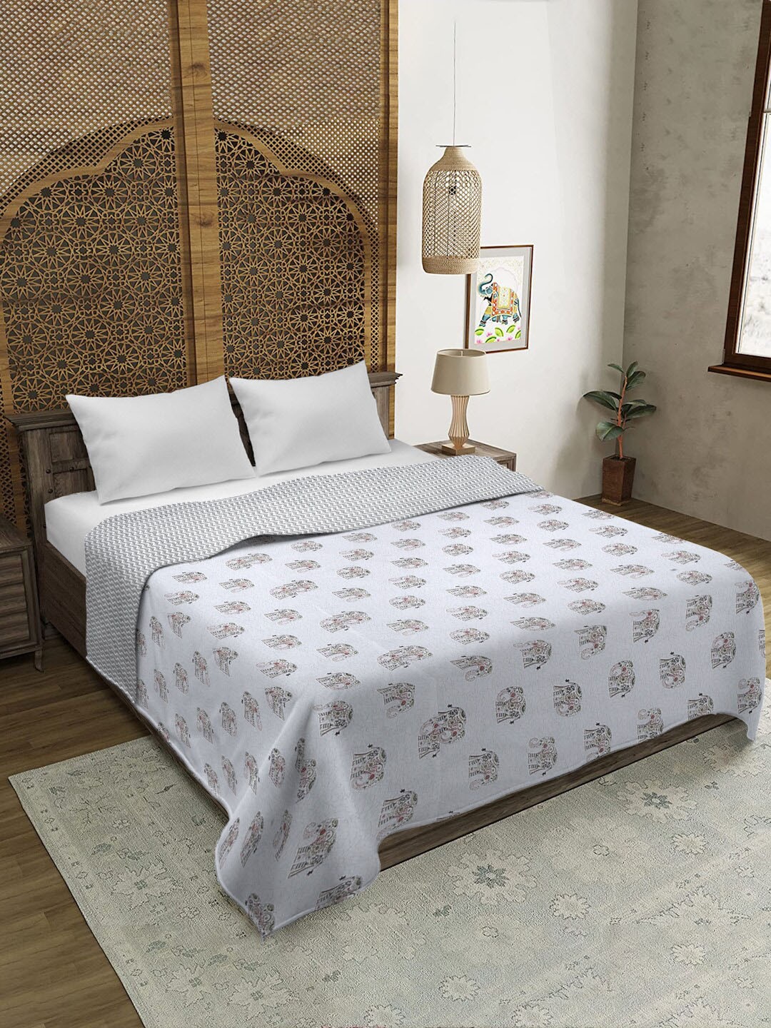 

Rajasthan Decor White & Red Printed Cotton Reversible AC Room 120 GSM Double Bed Dohar