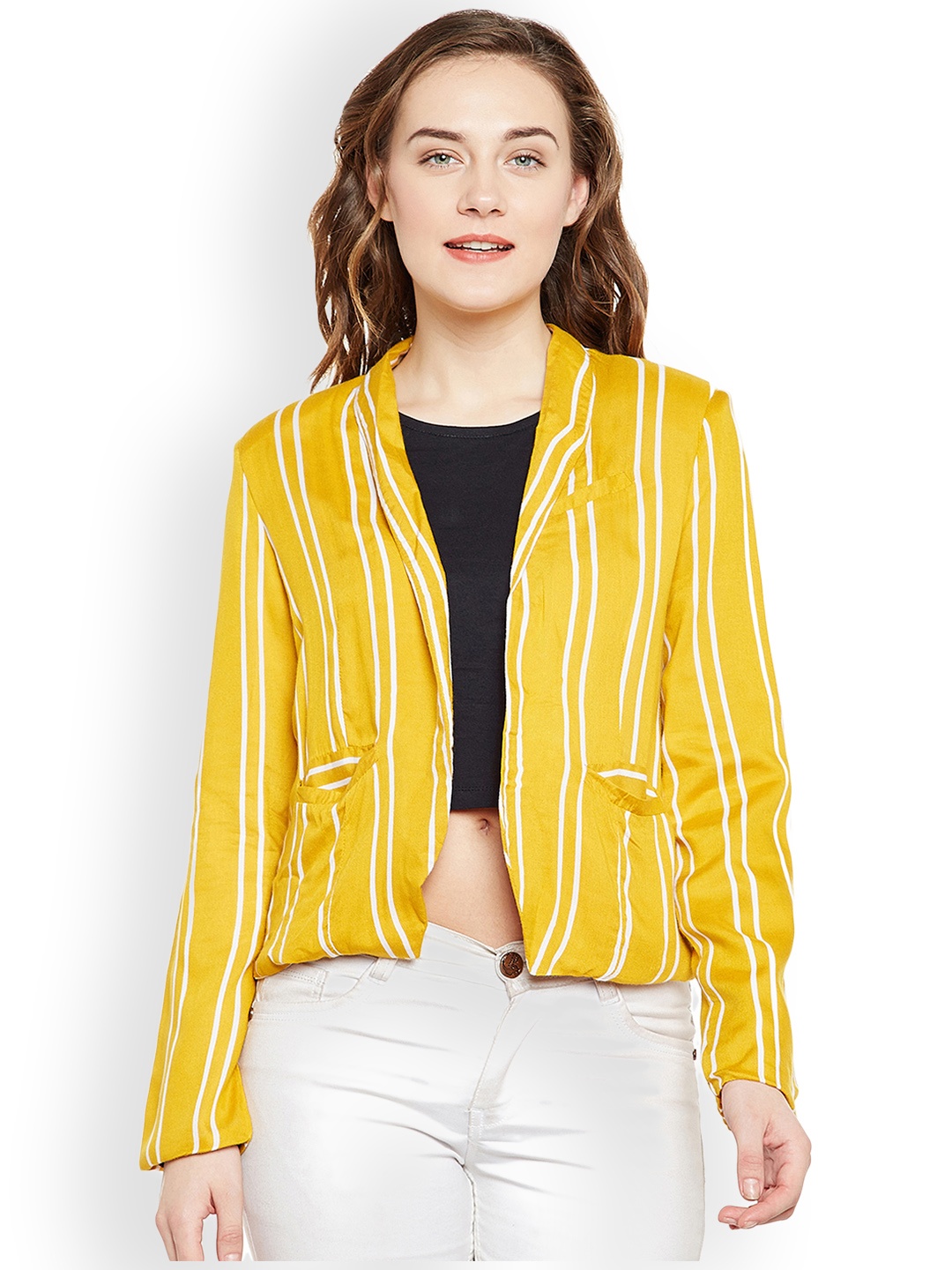 

Zastraa Women Mustard Strriped Formal Blazer
