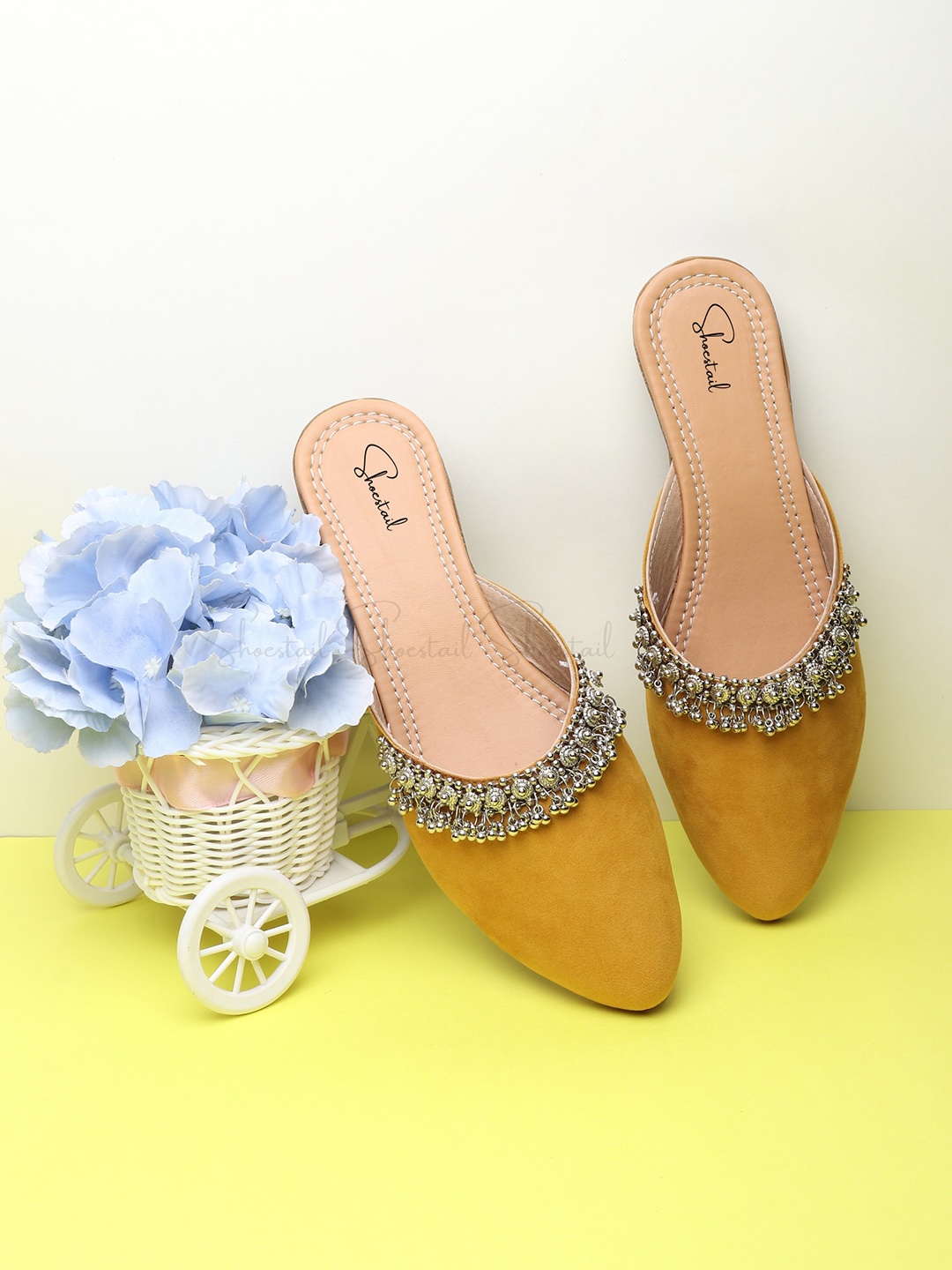 

Shoestail Embellished Ethnic Mules, Yellow