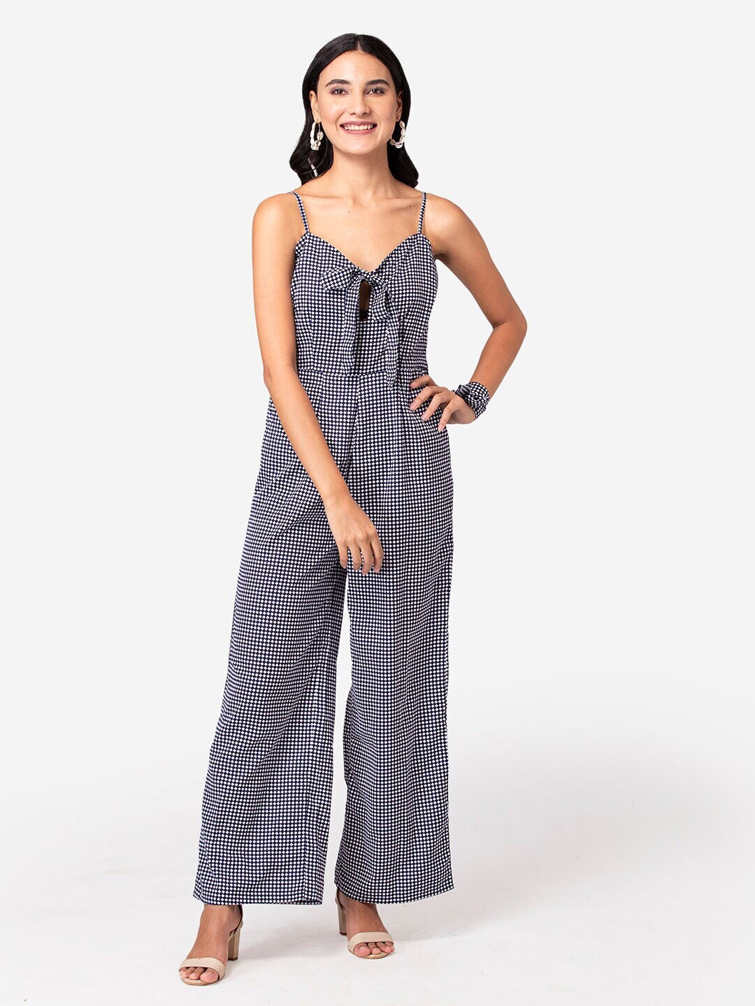 

BAESD Checked Shoulder Straps Basic Jumpsuit, Navy blue
