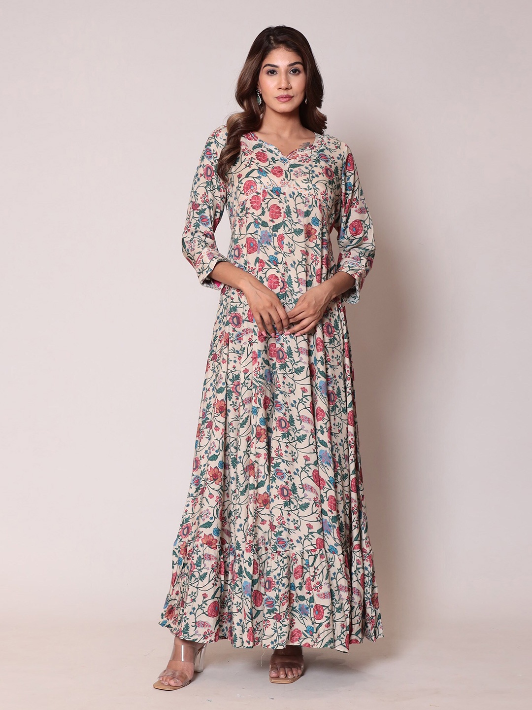 

ZARI Floral Printed Flared Maxi Dress, Cream