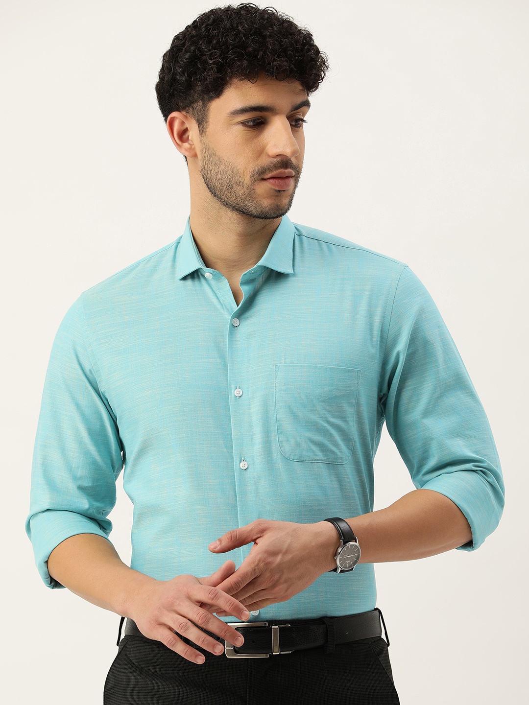 

Peter England Men Pure Cotton Slim Fit Formal Shirt, Blue