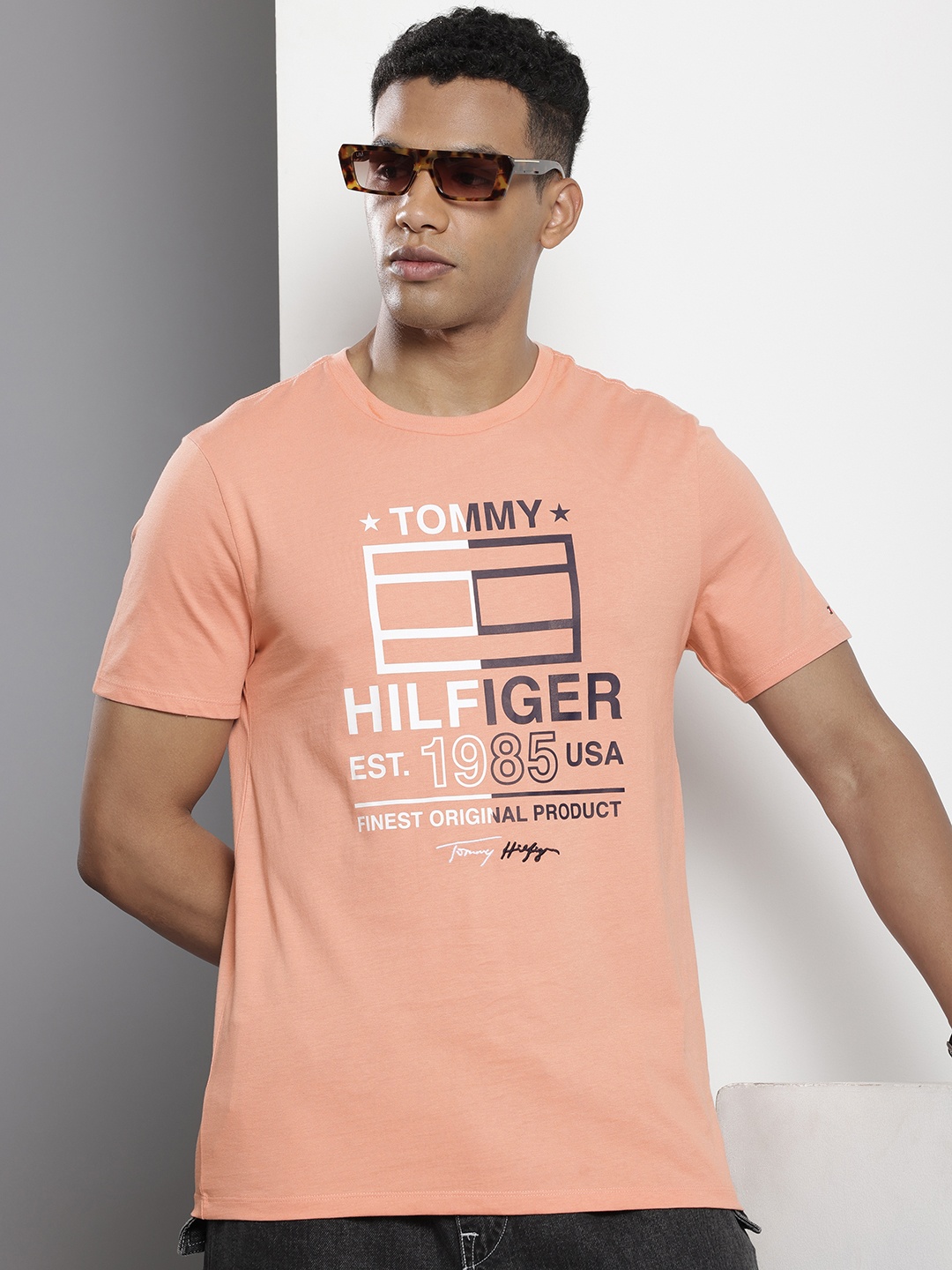 

Tommy Hilfiger Brand Logo Printed Pure Cotton T-shirt, Peach