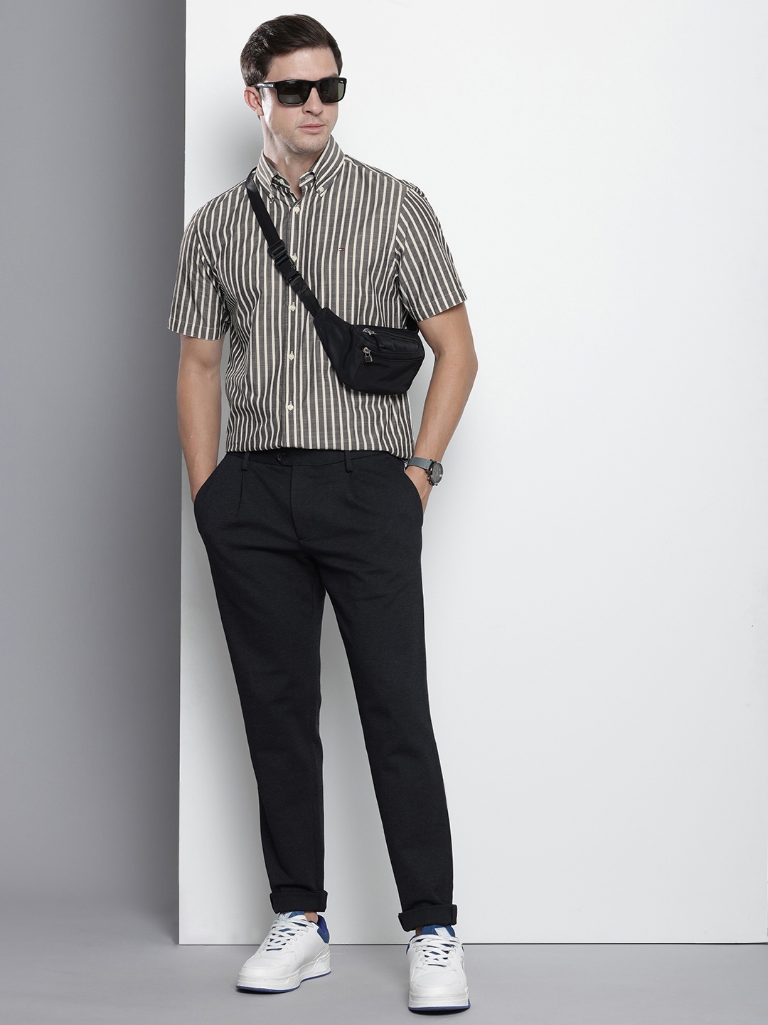 

Tommy Hilfiger Pure Cotton Button-Down Collar Striped Casual Shirt, Grey